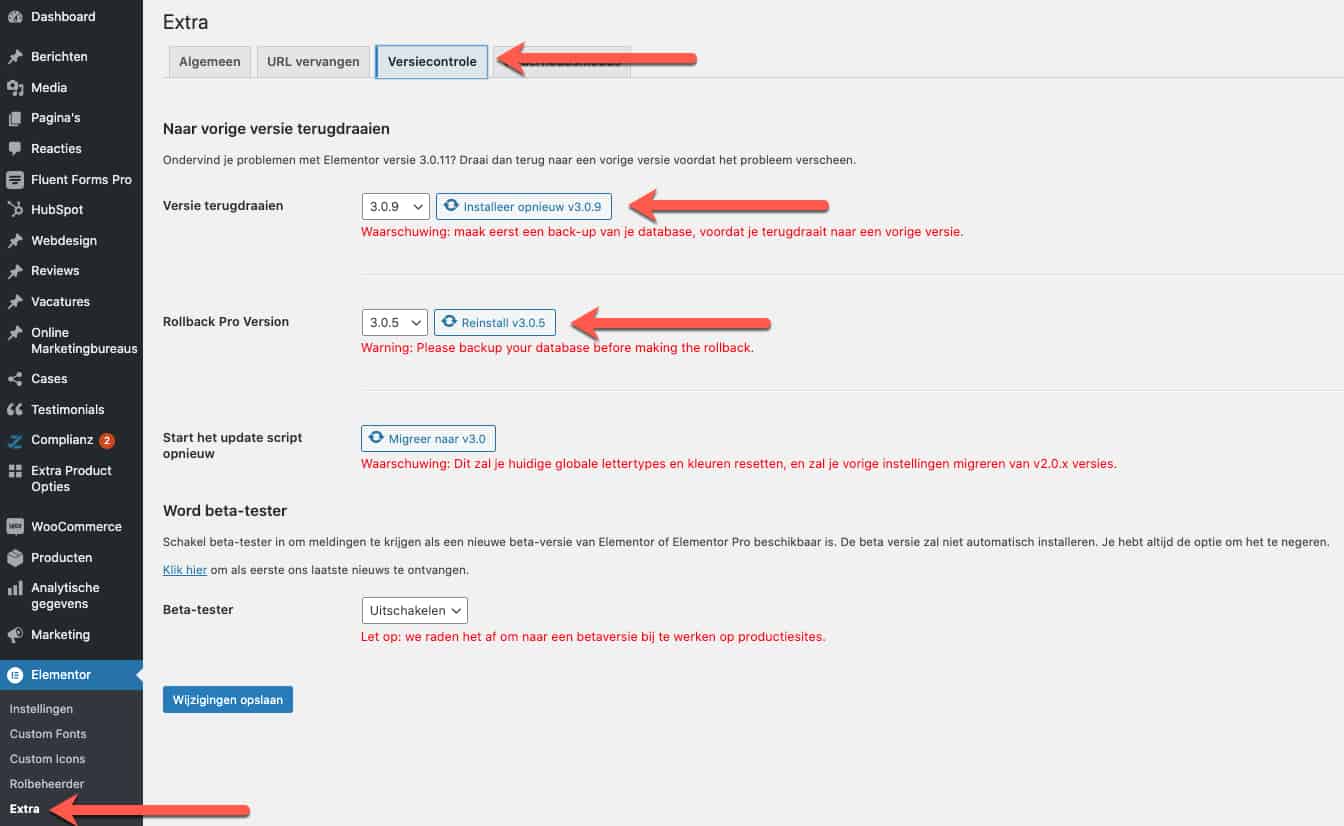Elementor version rollback