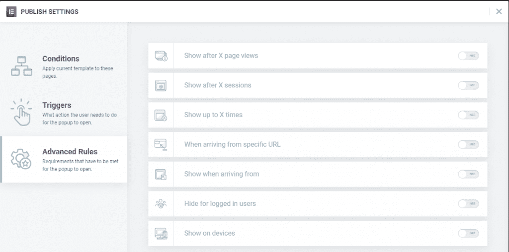 Create popup in WordPress with Elementor - set rules